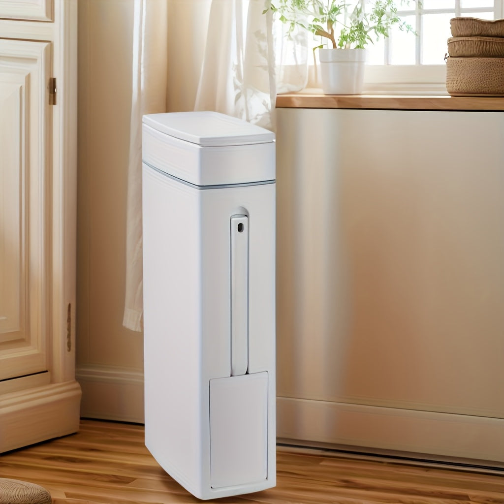 Space-Saving Bathroom Trash Can with Press-to-Open Lid & Integrated Toilet Brush Holder – Modern, Durable, No-Drill Installation