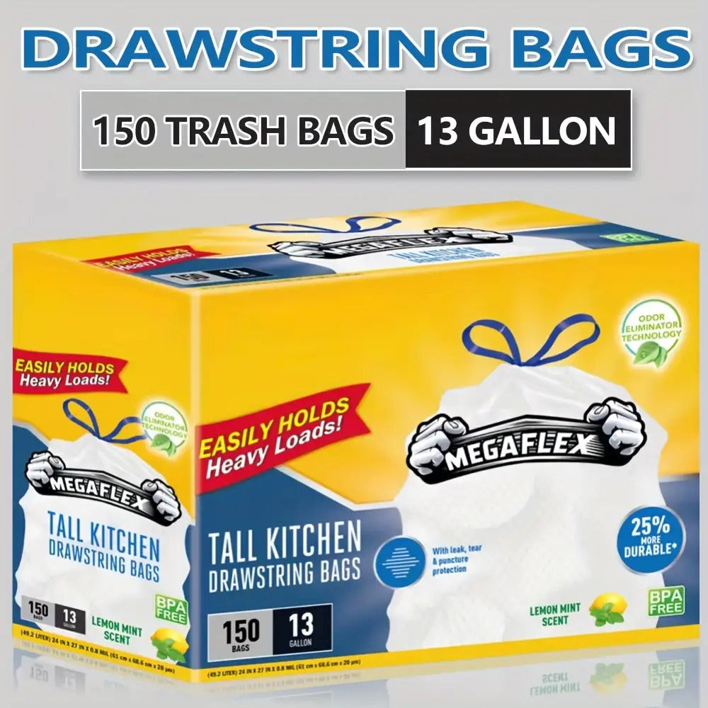150pcs 13-gallon lemon mint scented drawstring garbage bags