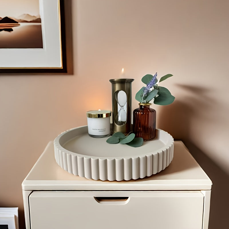 Boho Round Wood Decorative Tray - Multipurpose Coffee Table Centerpiece & Jewelry Organizer - Solid Pattern Design with Powder Coated Finish