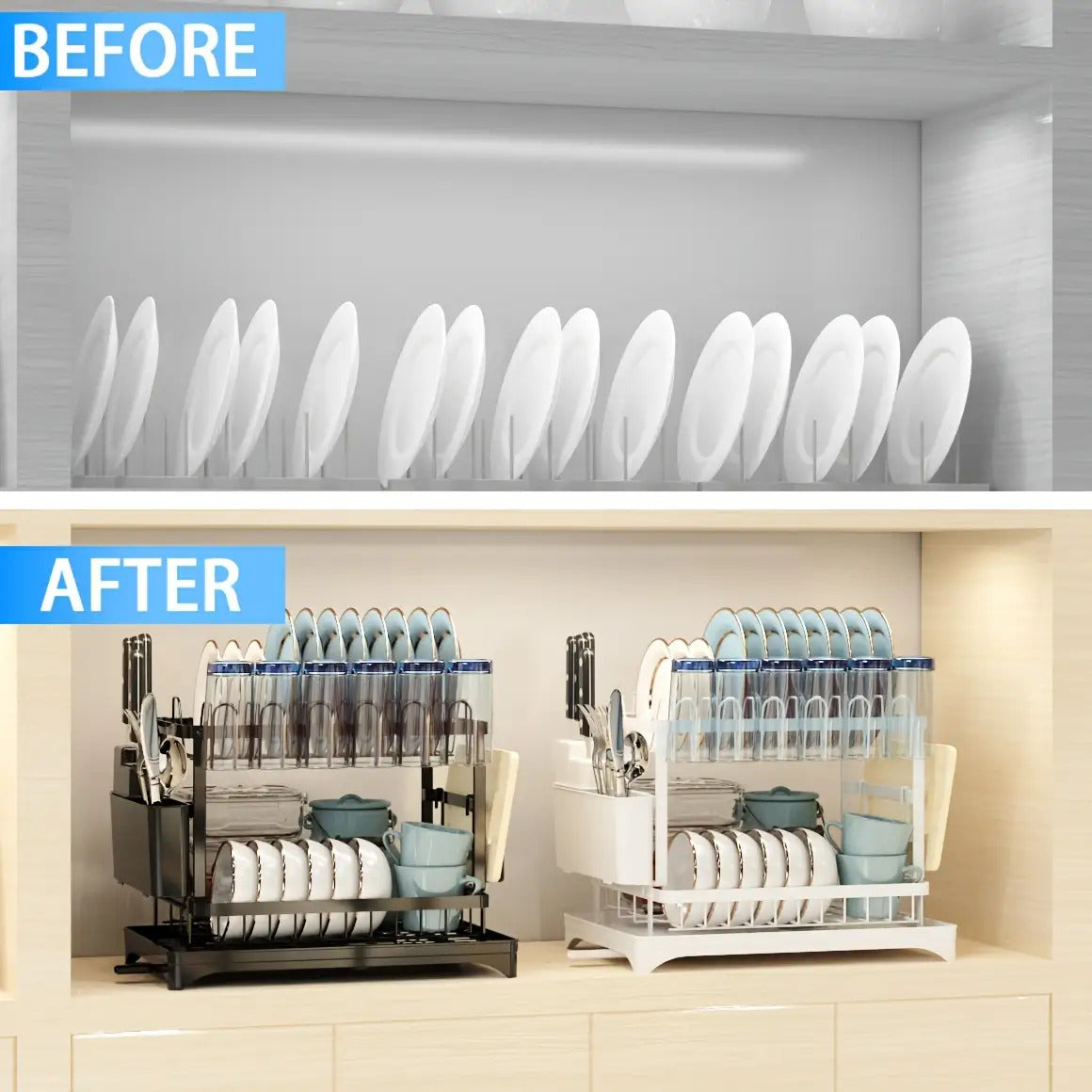 Golden 2-Layer Dish Drying Rack - Premium Kitchen Countertop Organizer with Knife Cup & Cutlery Holder for Space-Saving Storage