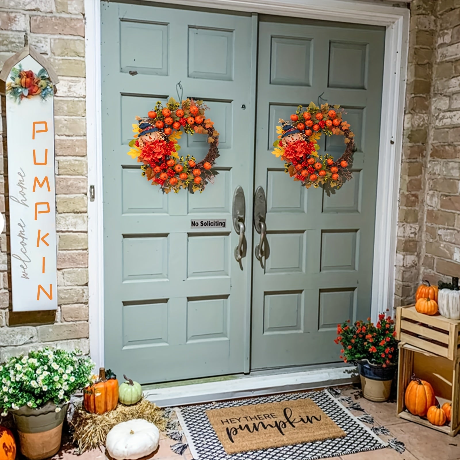 Fall Door Wreath with Pumpkin & Scarecrow - Thanksgiving Harvest Decoration