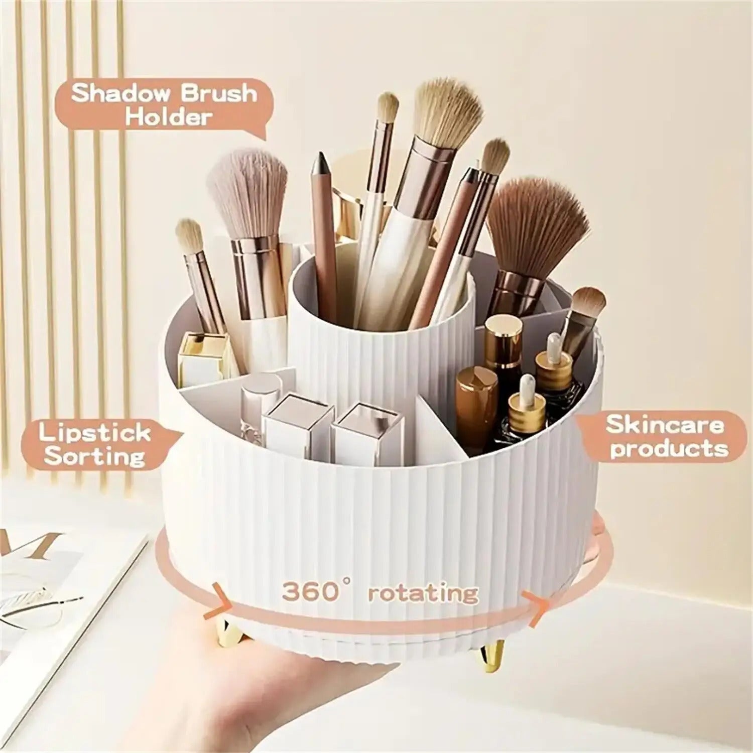 360° Rotating Makeup Organizer - 5-Compartment Cosmetic Storage Tower for Vanity Organization