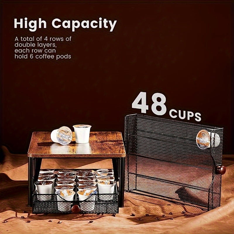 Black Wood & Iron K-Cup Holder with Double Storage Drawers - Coffee Station Organizer Rack for Capsules & Accessories