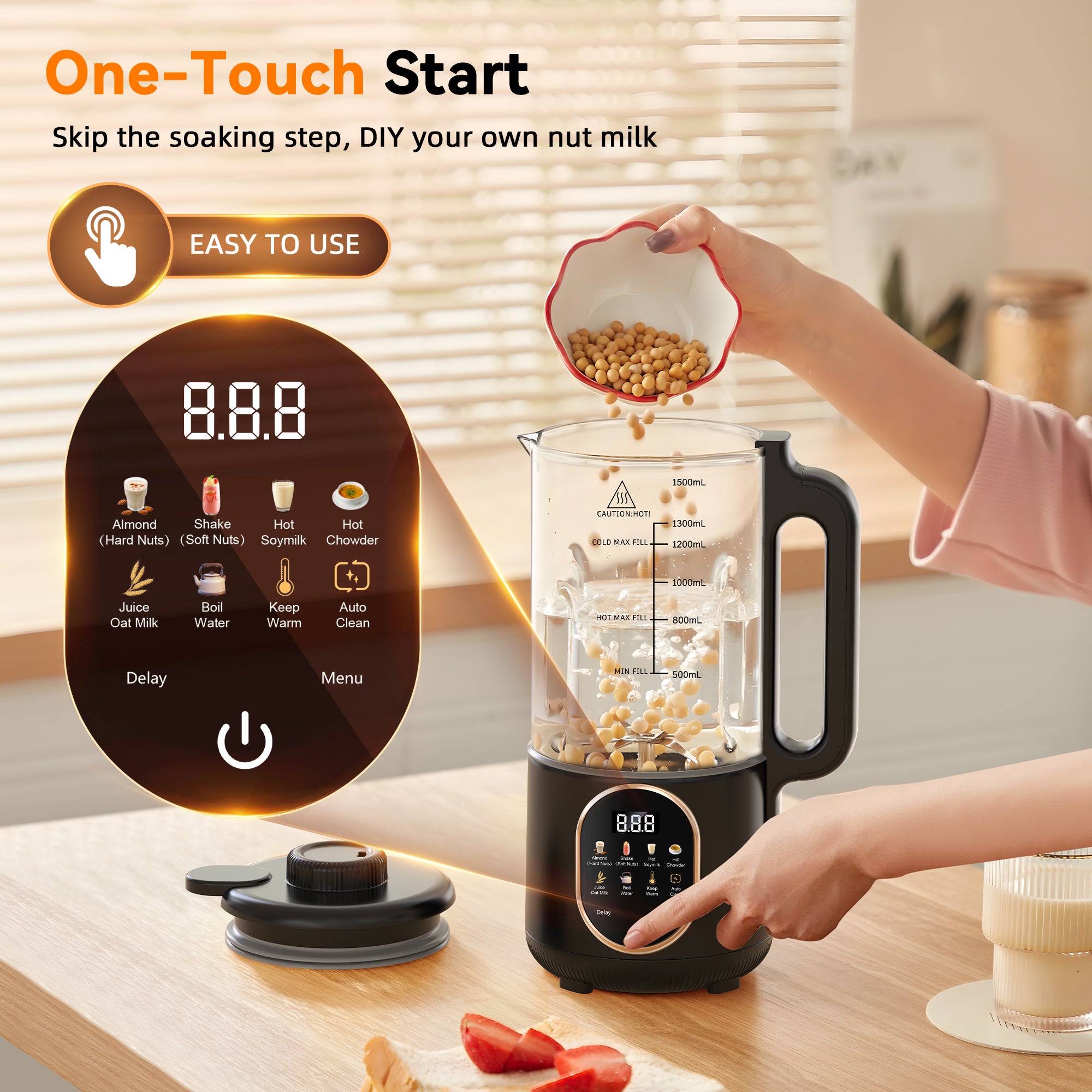 50oz Nut Milk Maker 10 in 1 Automatic Plant Based Almond Milk Maker with Delay Start Boil Water Keep Warm Auto Clean