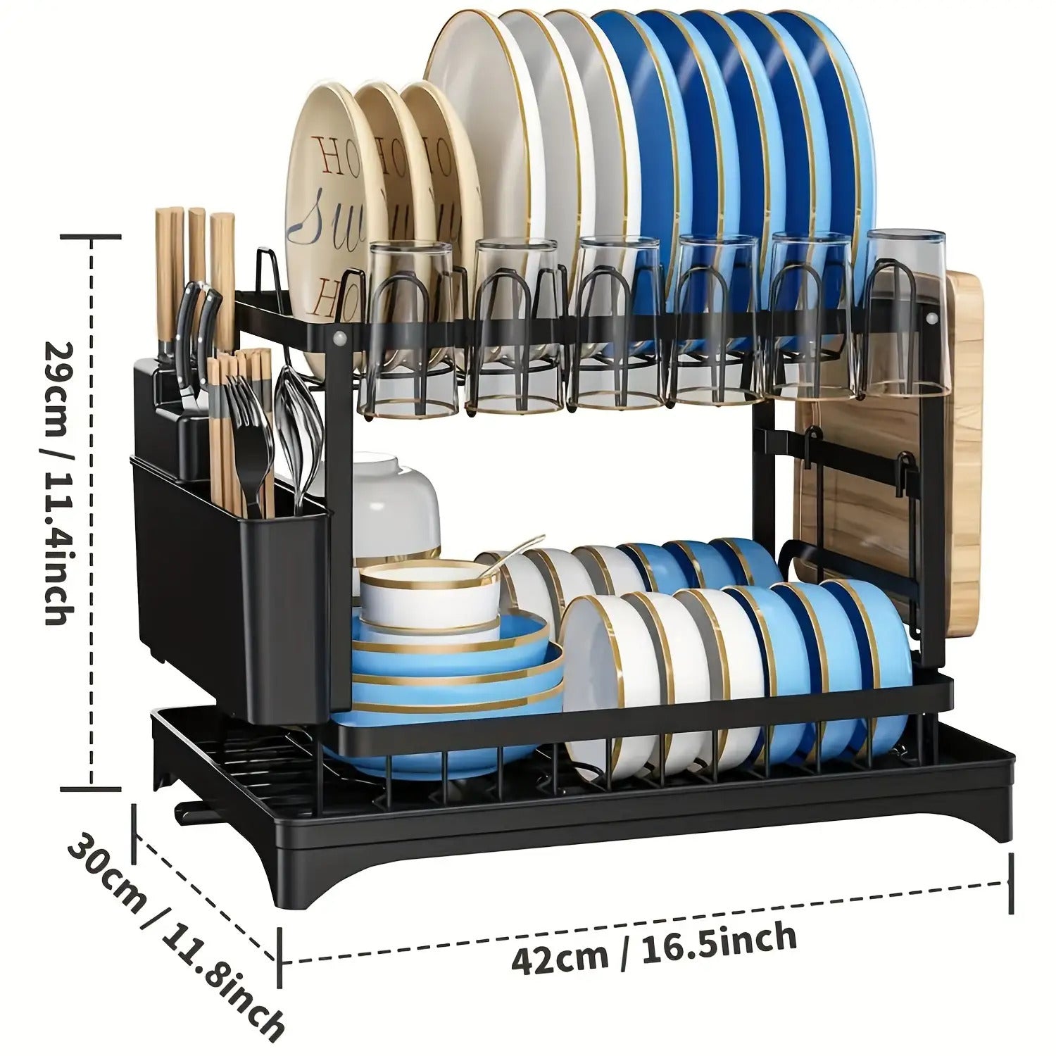 Golden 2-Layer Dish Drying Rack - Premium Kitchen Countertop Organizer with Knife Cup & Cutlery Holder for Space-Saving Storage