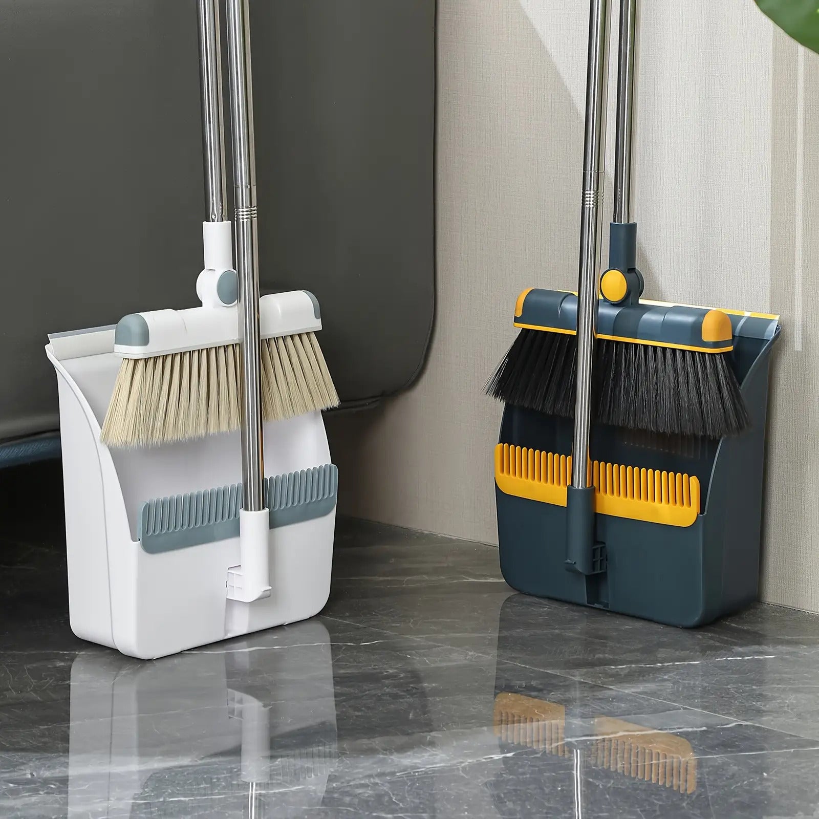 Premium Broom and Dustpan Set - Foldable Stainless Steel Handle with Soft Bristles