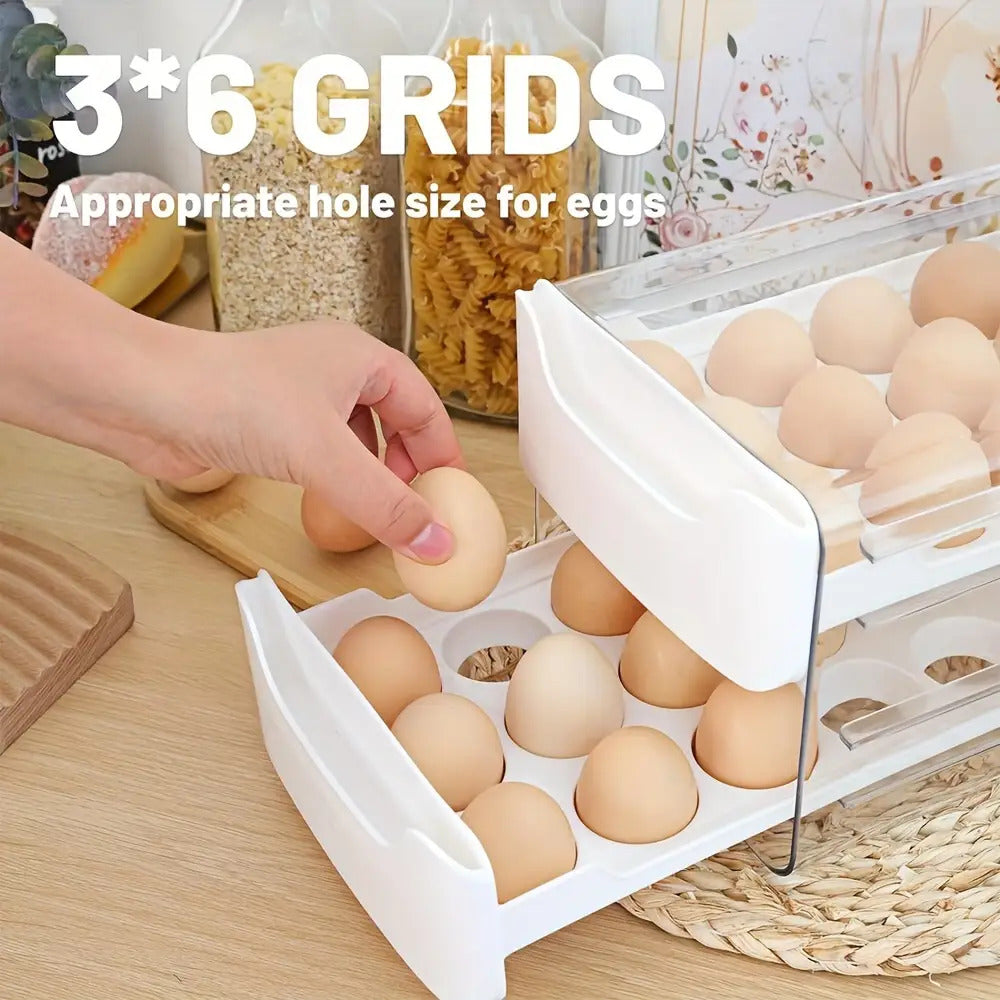 2-Layer Stackable Egg Holder for Refrigerator - Clear Plastic Egg Tray with Handles, Holds 36 Eggs (18 per Layer)