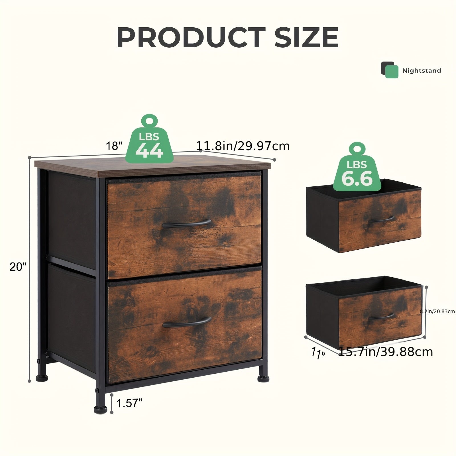 2-Drawer Storage Nightstand - 20" Wooden End Table Set