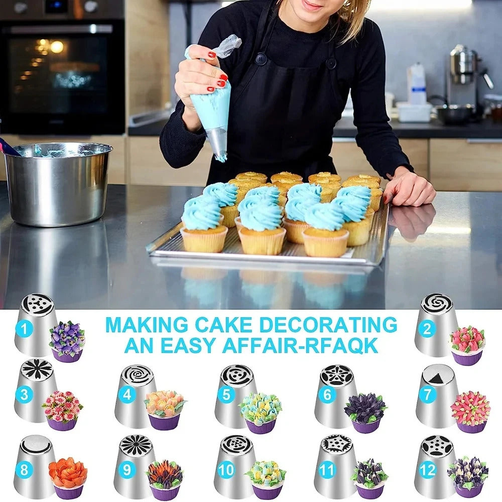 27PCS Professional Stainless Steel Russian Piping Nozzles Set - for Cake, Marshmallow & Pastry Decorating with 10 Disposable Bags