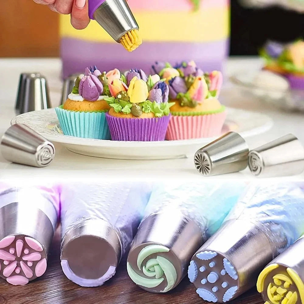 27PCS Professional Stainless Steel Russian Piping Nozzles Set - for Cake, Marshmallow & Pastry Decorating with 10 Disposable Bags