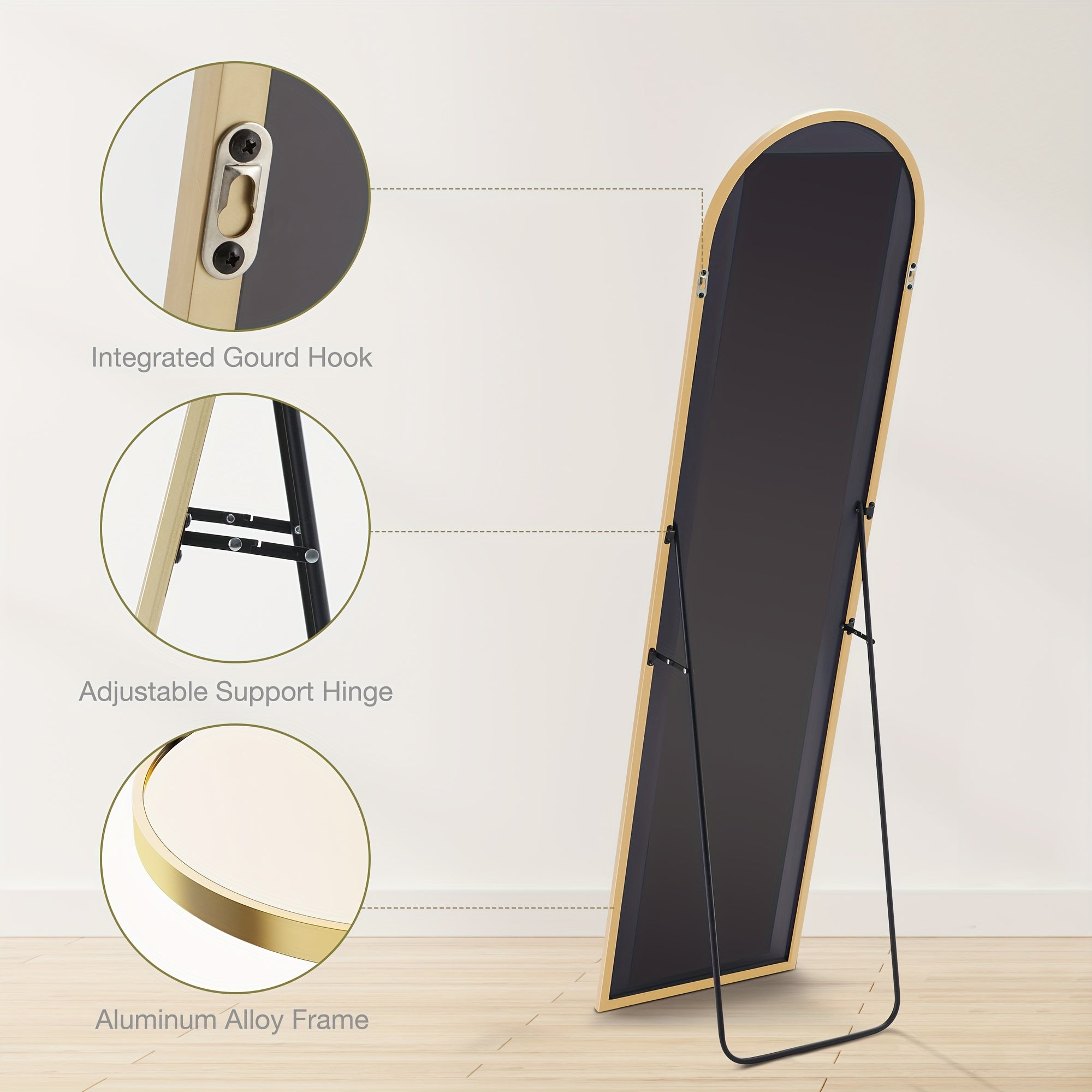 59" x 16" Arched Full Body Floor Mirror with Stand - Aluminum Alloy Frame, Shatter-Resistant Nano Glass - Perfect for Bedroom, Dressing Room & Office Decor