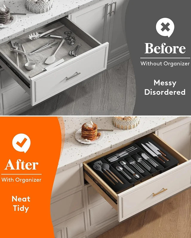 Adjustable Silverware Drawer Organizer - Expandable Utensil Tray for Kitchen Flatware Storage