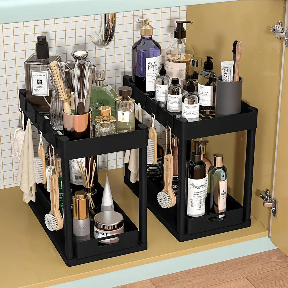 2-Tier Under Sink Organizer 2-Pack - Multi-Purpose Sliding Cabinet Basket Drawers with 8 Hooks for Kitchen & Bathroom Storage