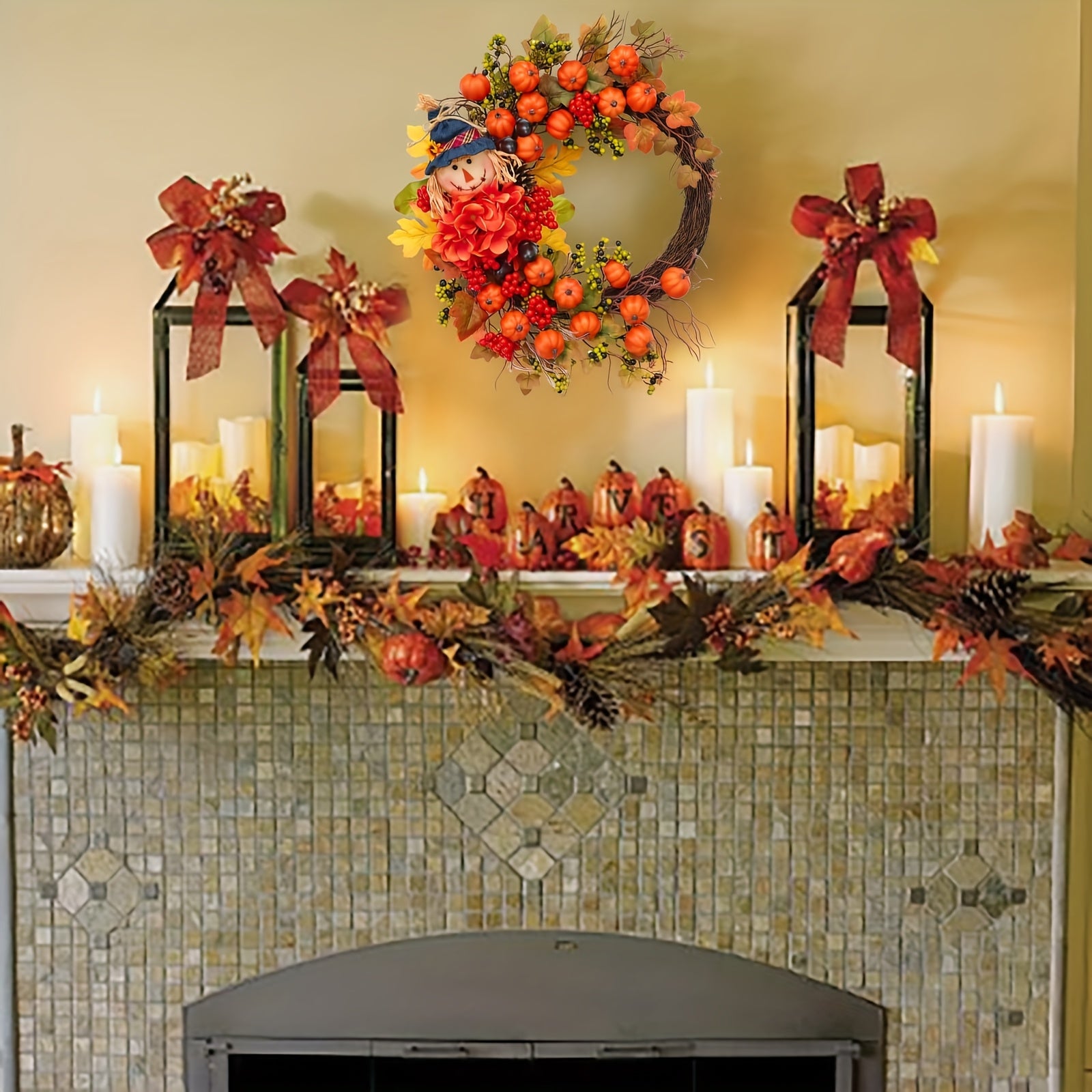 Fall Door Wreath with Pumpkin & Scarecrow - Thanksgiving Harvest Decoration