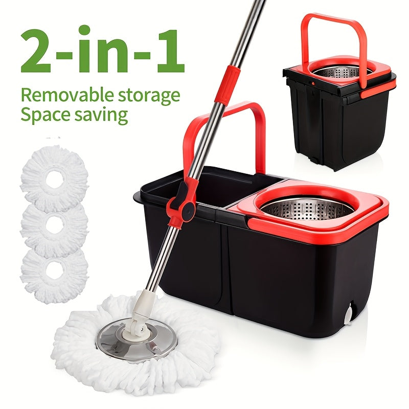 Spin Mop & Bucket with Wringer – 360° Spinning Floor Cleaning System, 3 Microfiber Heads, 61" Adjustable Stainless Steel Handle