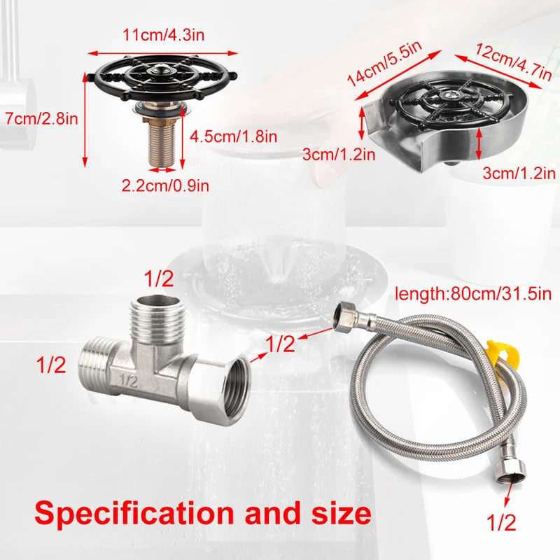 Stainless Steel Automatic Faucet Glass Rinser - Bottle Washer with Tee Connector & Water Pipe, Ideal Coffee Cup Cleaner