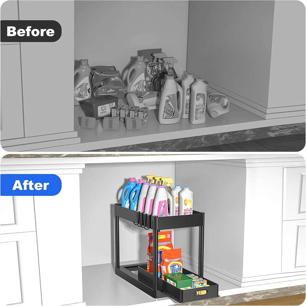 2-Tier Under Sink Organizer 2-Pack - Multi-Purpose Sliding Cabinet Basket Drawers with 8 Hooks for Kitchen & Bathroom Storage