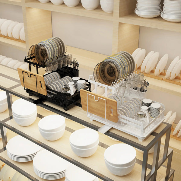 Golden 2-layer dish drying rack with knife cup and cutlery holder on kitchen counter